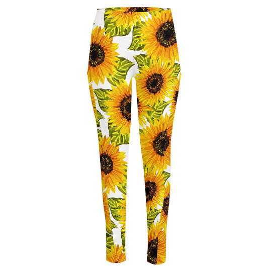 Doodle Sunflower Pattern Print High-Waisted Pocket Leggings