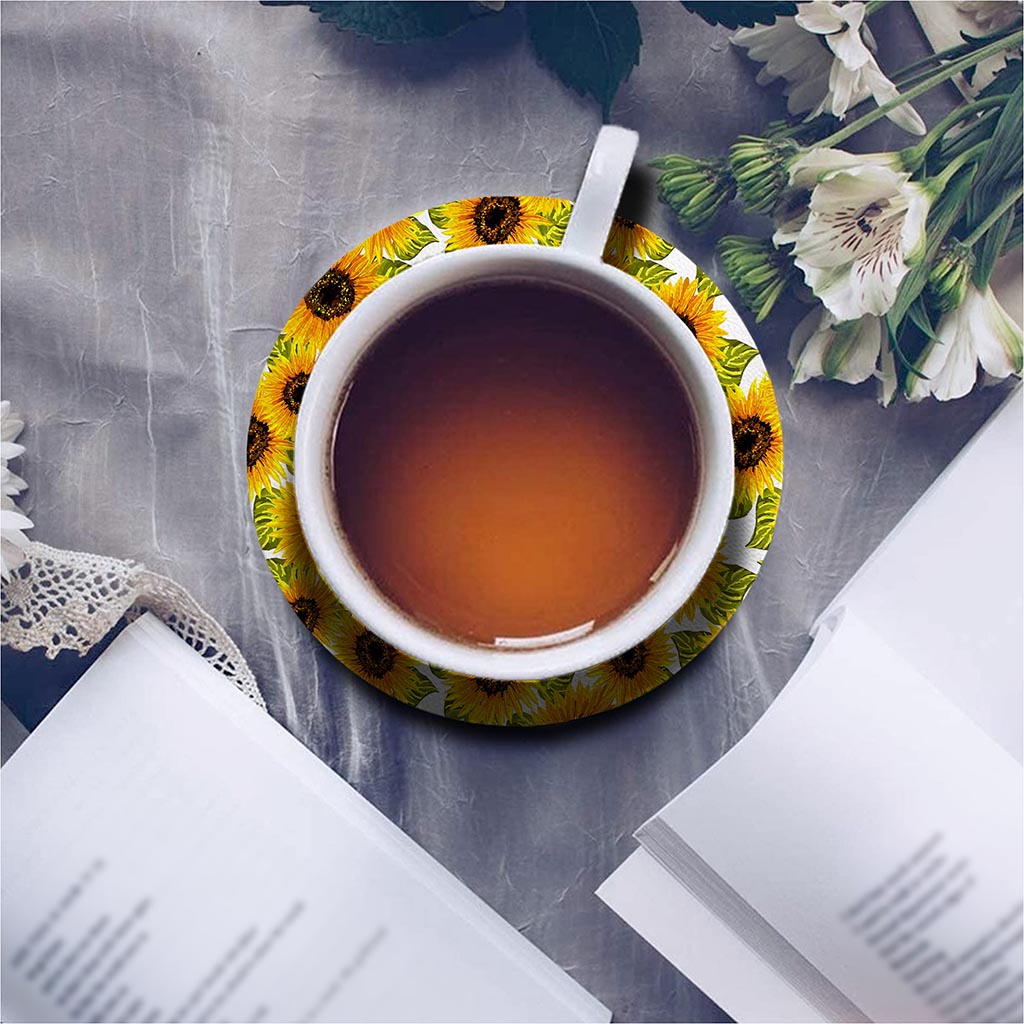 Doodle Sunflower Pattern Print Leather Coaster Set