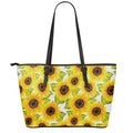 Doodle Sunflower Pattern Print Leather Tote Bag With Zipper
