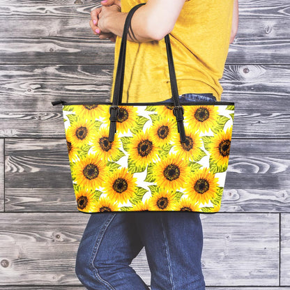 Doodle Sunflower Pattern Print Leather Tote Bag