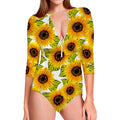 Doodle Sunflower Pattern Print Long Sleeve Swimsuit