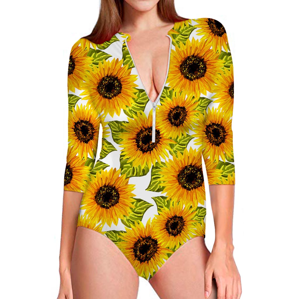 Doodle Sunflower Pattern Print Long Sleeve Swimsuit