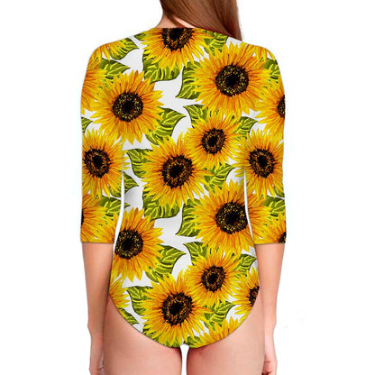 Doodle Sunflower Pattern Print Long Sleeve Swimsuit