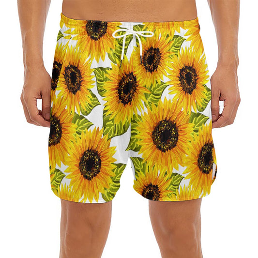 Doodle Sunflower Pattern Print Men's Split Running Shorts
