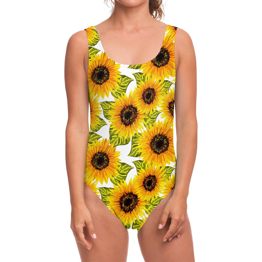 Doodle Sunflower Pattern Print One Piece Swimsuit