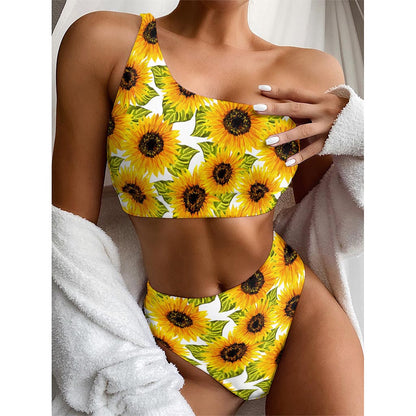 Doodle Sunflower Pattern Print One Shoulder Bikini Top