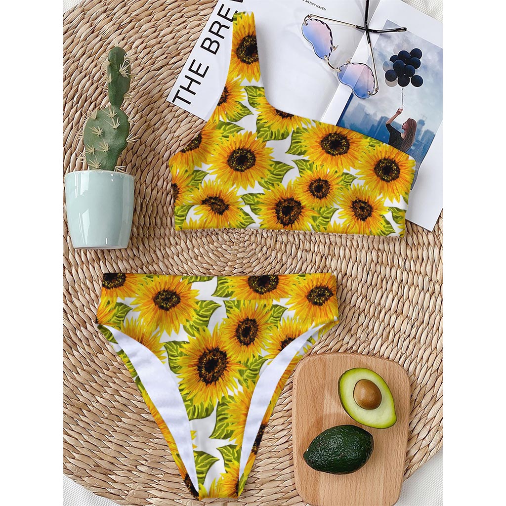Doodle Sunflower Pattern Print One Shoulder Bikini Top