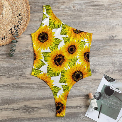 Doodle Sunflower Pattern Print One Shoulder Bodysuit