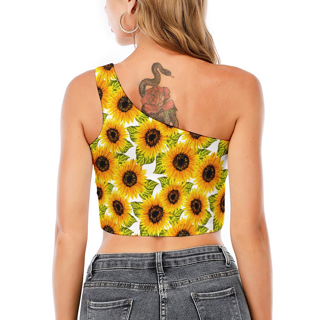 Doodle Sunflower Pattern Print One Shoulder Crop Top