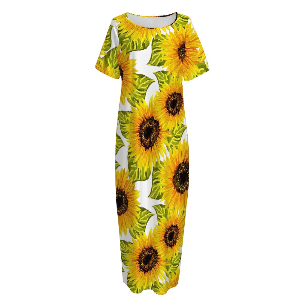 Doodle Sunflower Pattern Print Short Sleeve Long Nightdress