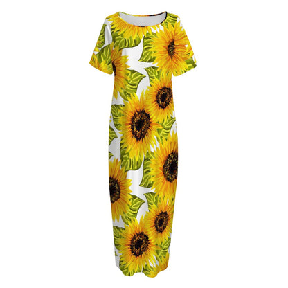 Doodle Sunflower Pattern Print Short Sleeve Long Nightdress