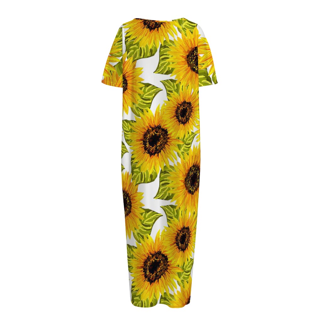 Doodle Sunflower Pattern Print Short Sleeve Long Nightdress