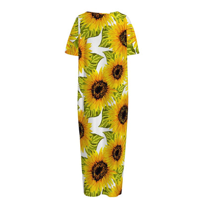 Doodle Sunflower Pattern Print Short Sleeve Long Nightdress