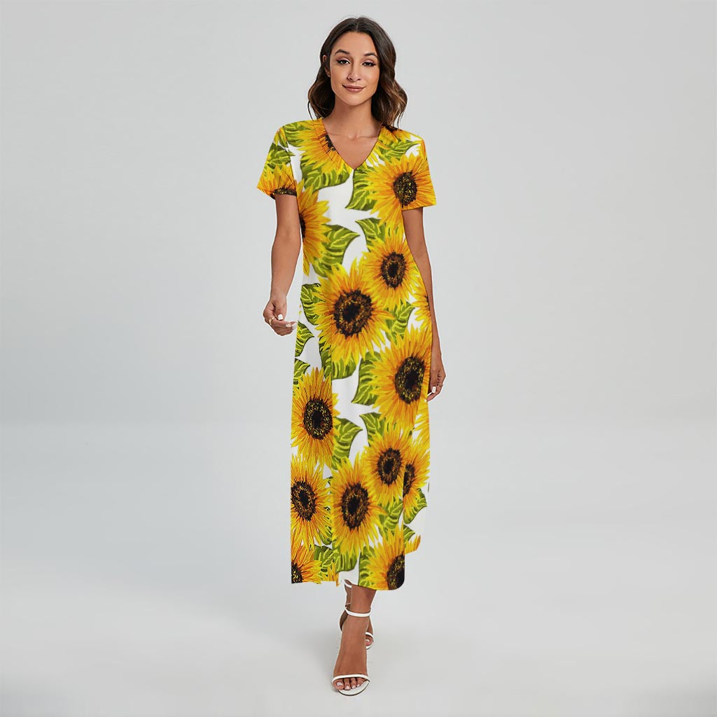 Doodle Sunflower Pattern Print Short Sleeve Maxi Dress