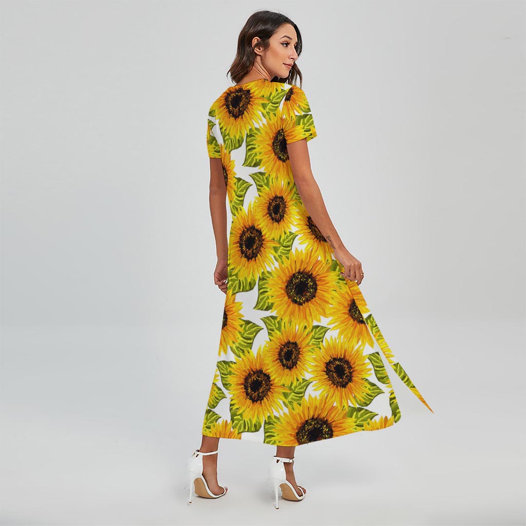 Doodle Sunflower Pattern Print Short Sleeve Maxi Dress