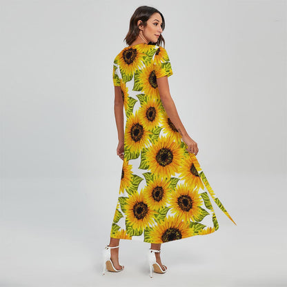 Doodle Sunflower Pattern Print Short Sleeve Maxi Dress
