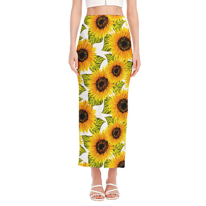 Doodle Sunflower Pattern Print Side Slit Maxi Skirt