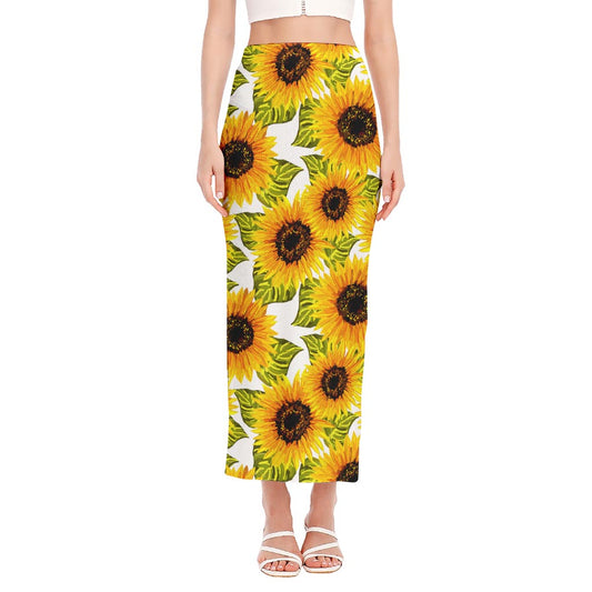 Doodle Sunflower Pattern Print Side Slit Maxi Skirt