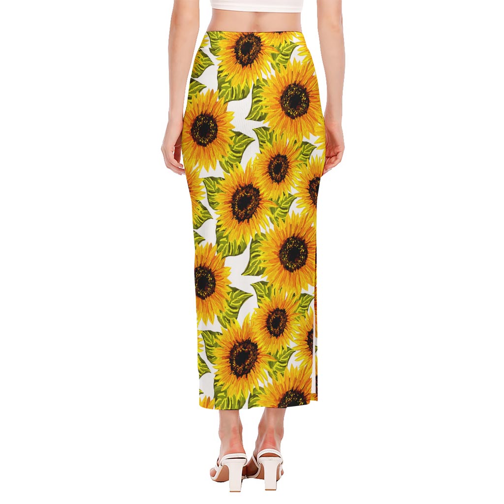 Doodle Sunflower Pattern Print Side Slit Maxi Skirt