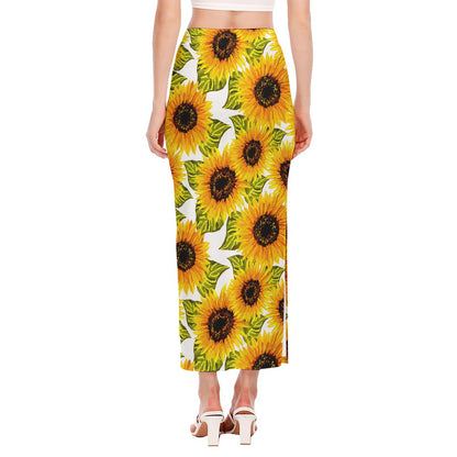 Doodle Sunflower Pattern Print Side Slit Maxi Skirt