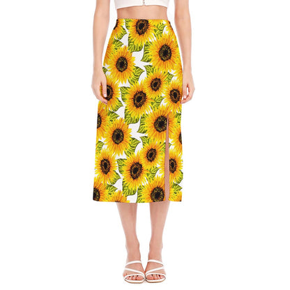 Doodle Sunflower Pattern Print Side Slit Midi Skirt