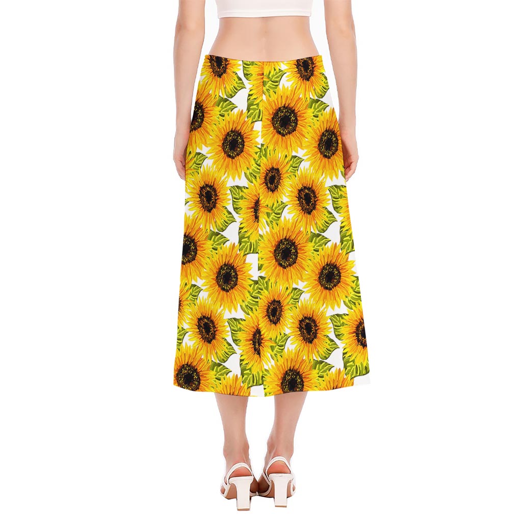 Doodle Sunflower Pattern Print Side Slit Midi Skirt