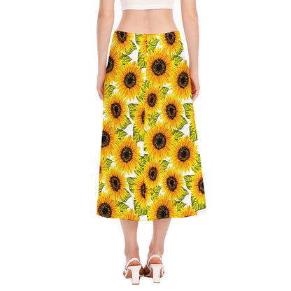 Doodle Sunflower Pattern Print Side Slit Midi Skirt