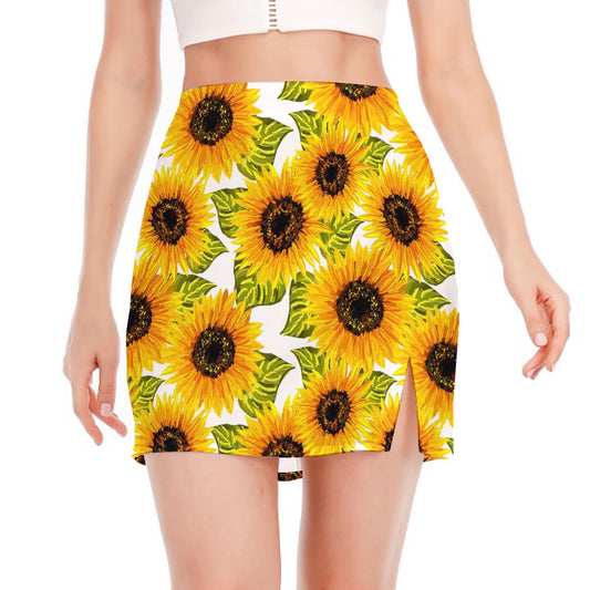 Doodle Sunflower Pattern Print Side Slit Mini Skirt