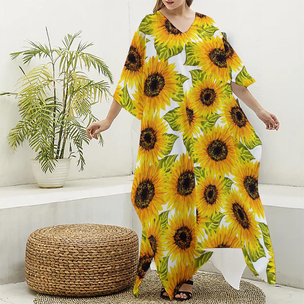 Doodle Sunflower Pattern Print Silk V-Neck Kaftan Dress