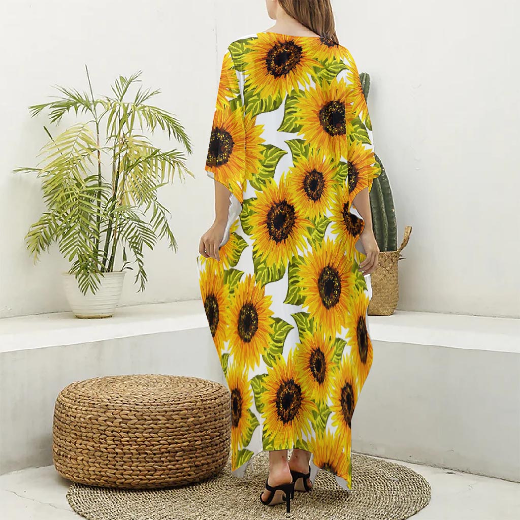 Doodle Sunflower Pattern Print Silk V-Neck Kaftan Dress