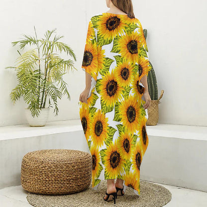 Doodle Sunflower Pattern Print Silk V-Neck Kaftan Dress