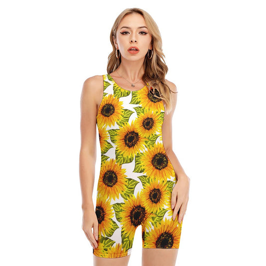 Doodle Sunflower Pattern Print Sleeveless One Piece Swimsuit