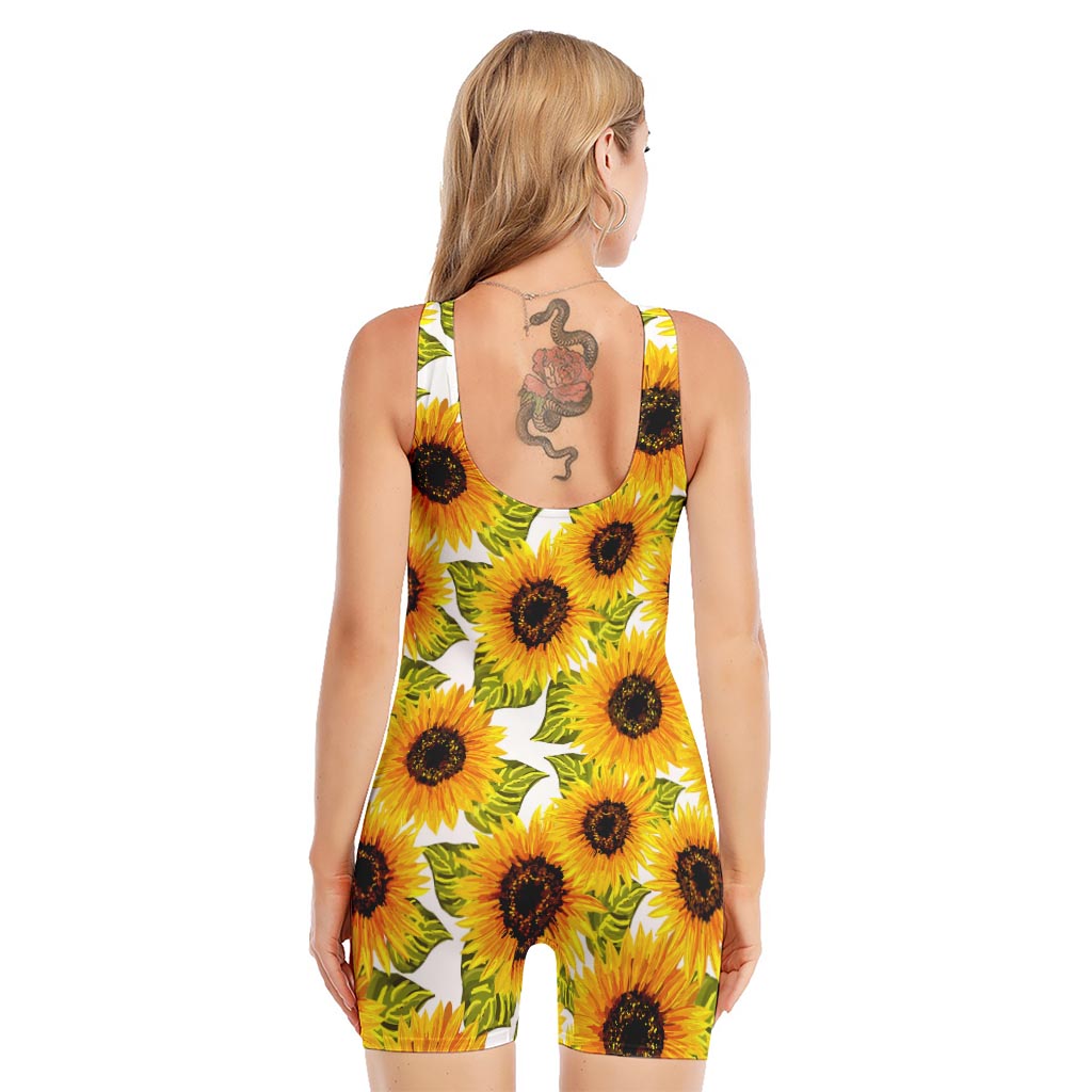 Doodle Sunflower Pattern Print Sleeveless One Piece Swimsuit