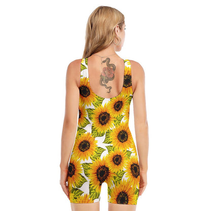 Doodle Sunflower Pattern Print Sleeveless One Piece Swimsuit