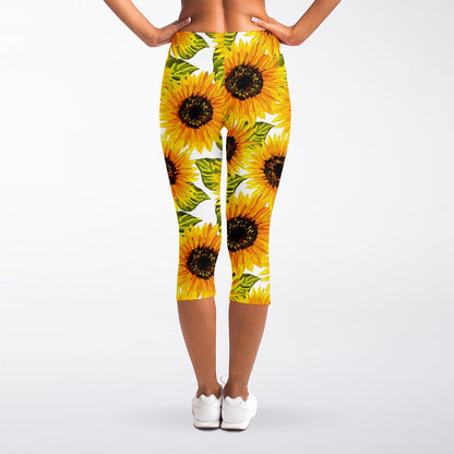 Doodle Sunflower Pattern Print Women's Capri Leggings