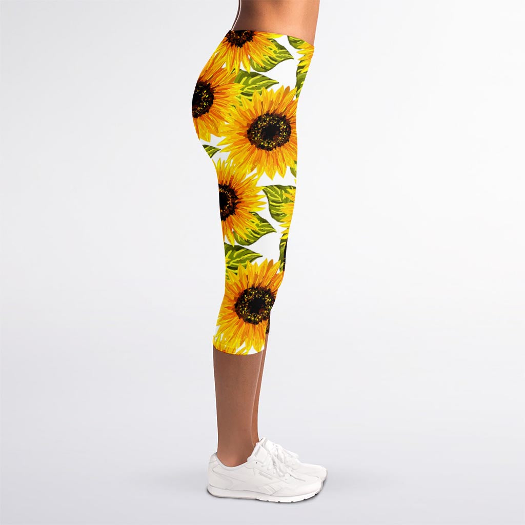 Doodle Sunflower Pattern Print Women's Capri Leggings