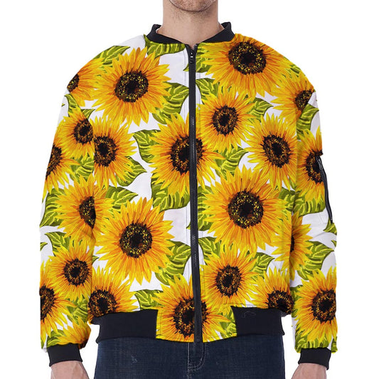 Doodle Sunflower Pattern Print Zip Sleeve Bomber Jacket
