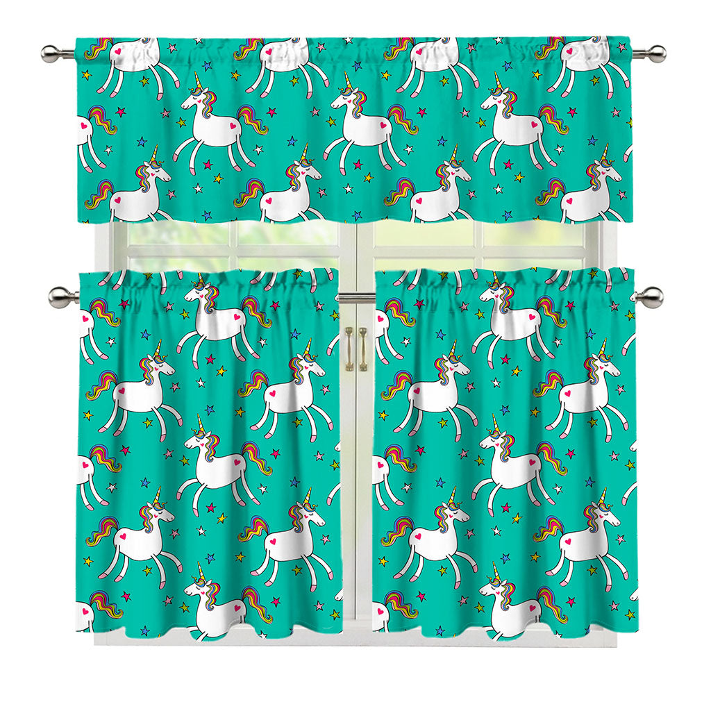 Doodle Unicorn Pattern Print 3 Piece Kitchen Curtains