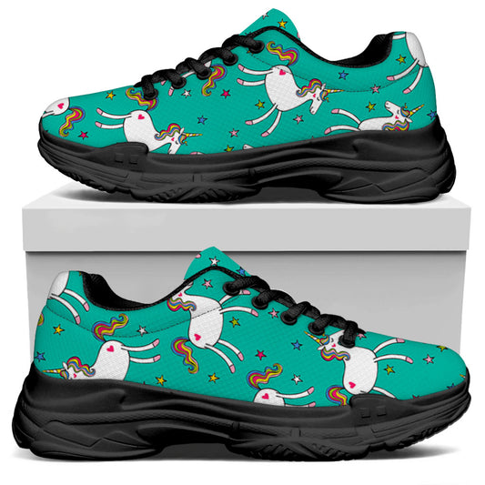 Doodle Unicorn Pattern Print Black Chunky Shoes