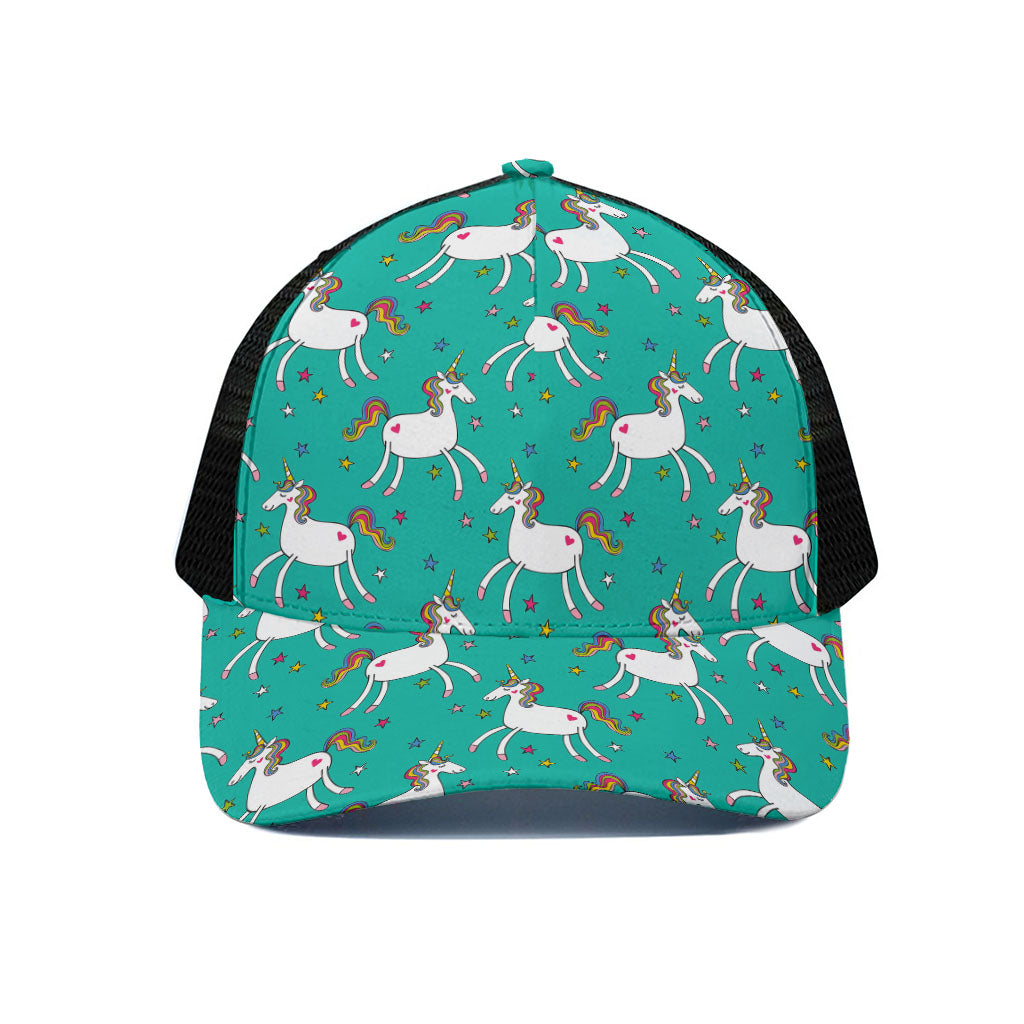 Doodle Unicorn Pattern Print Black Mesh Trucker Cap