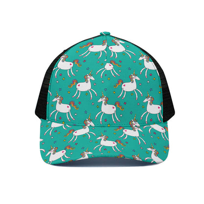 Doodle Unicorn Pattern Print Black Mesh Trucker Cap