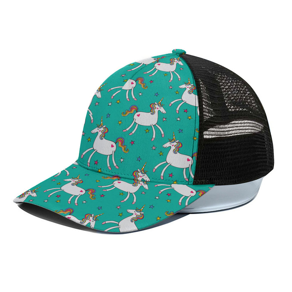 Doodle Unicorn Pattern Print Black Mesh Trucker Cap