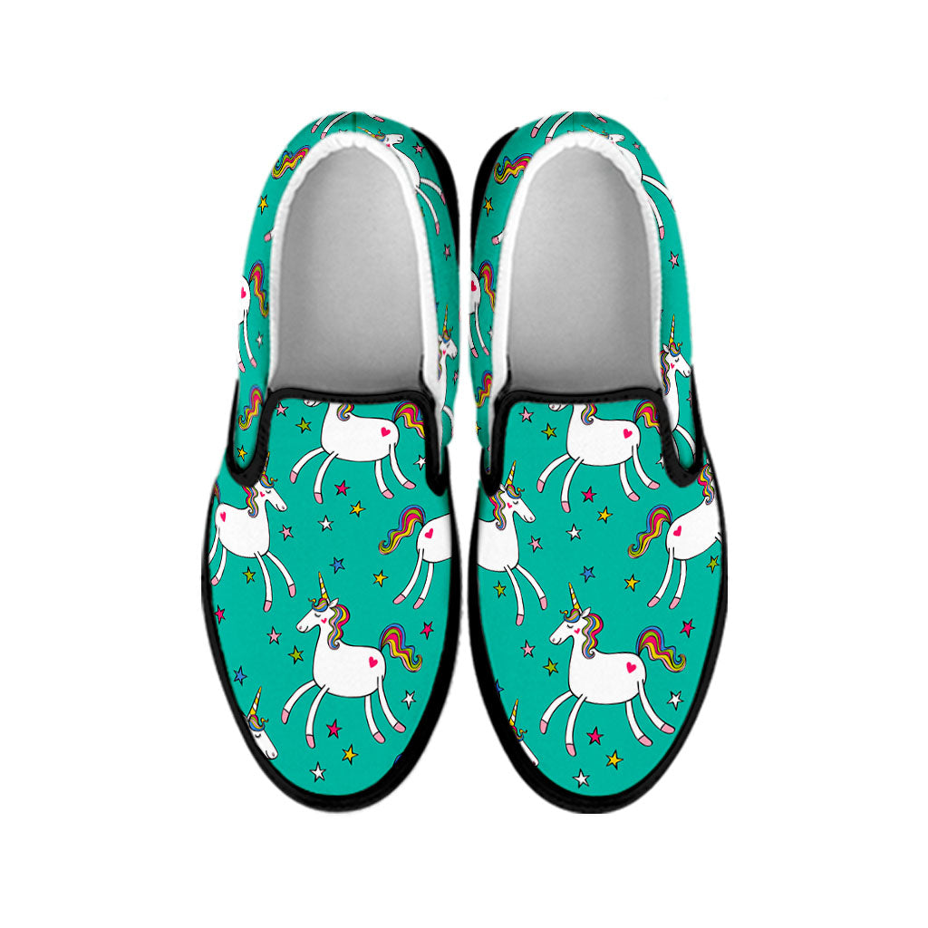 Doodle Unicorn Pattern Print Black Slip On Sneakers