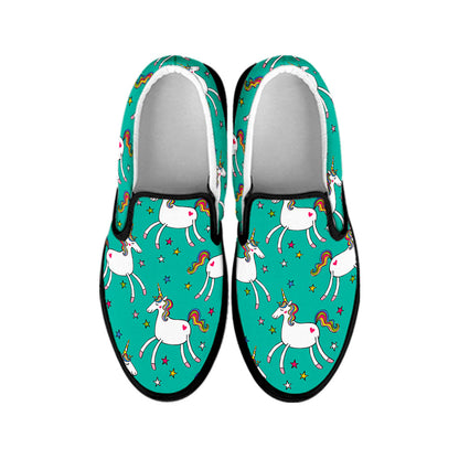 Doodle Unicorn Pattern Print Black Slip On Sneakers
