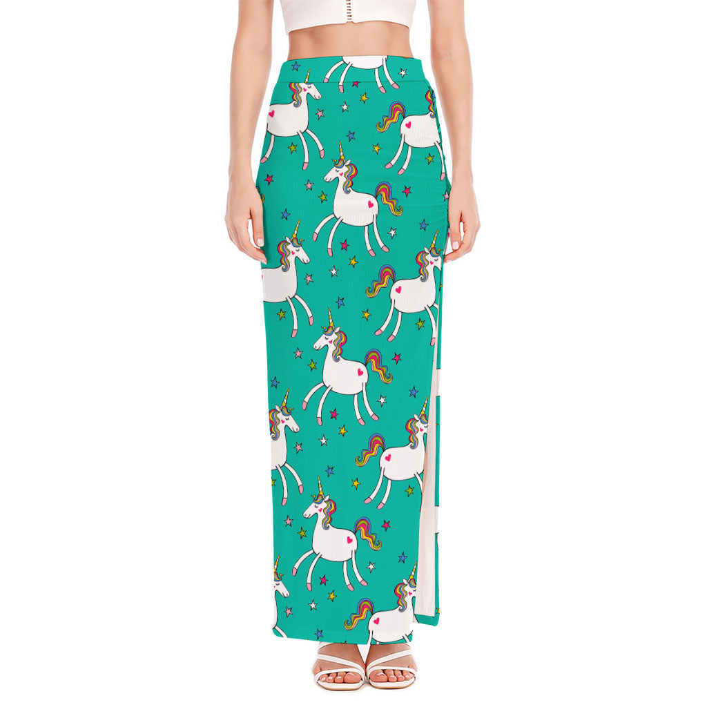 Doodle Unicorn Pattern Print High Slit Maxi Skirt