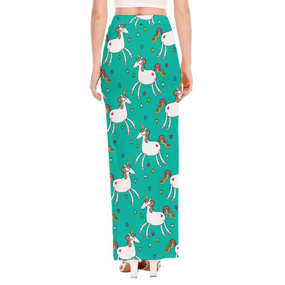 Doodle Unicorn Pattern Print High Slit Maxi Skirt