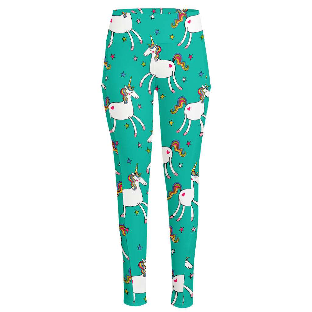 Doodle Unicorn Pattern Print High-Waisted Pocket Leggings