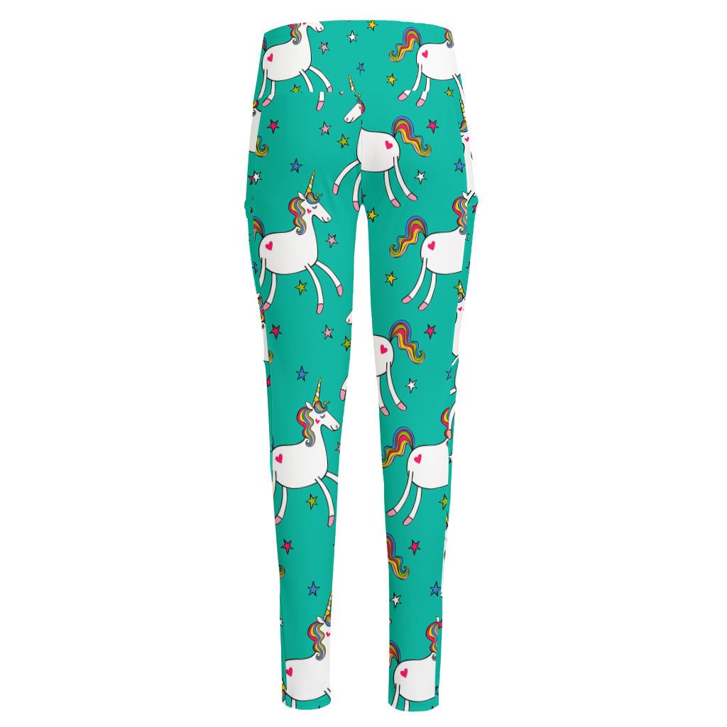 Doodle Unicorn Pattern Print High-Waisted Pocket Leggings