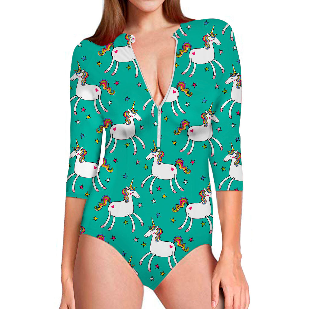 Doodle Unicorn Pattern Print Long Sleeve Swimsuit