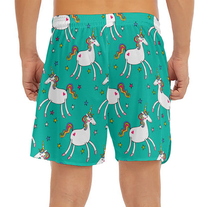 Doodle Unicorn Pattern Print Men's Split Running Shorts